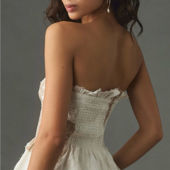 Anthropologie smocked top sz m, raw hem detail, cream and tan cotton linen blend - Picture 2 of 6